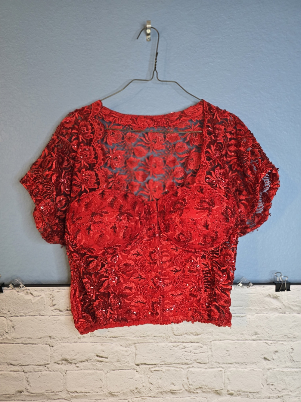 Embellished Red Lace Crop Top with Sheer Floral Yoke